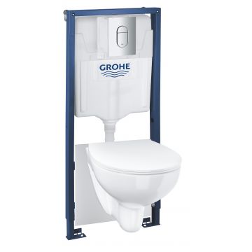 Set complet Grohe Solido 5-in-1 cu vas wc Bau Ceramic capac slim inchidere lenta rezervor incastrat cu cadru si clapeta Arena Cosmopolitan crom la reducere