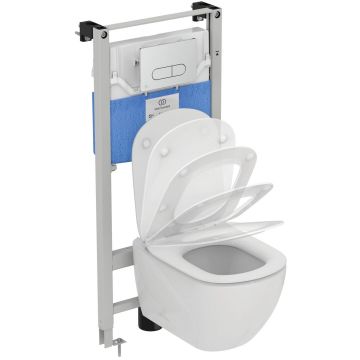 Set complet vas wc Ideal Standard Tesi AquaBlade cu capac inchidere lenta si rezervor incastrat cu cadru Prosys 120P si clapeta Oleas P1 crom la reducere