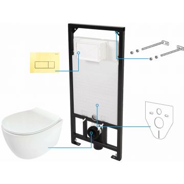 Set rezervor incastrat si vas WC suspendat Deante 6 in 1 alb/auriu