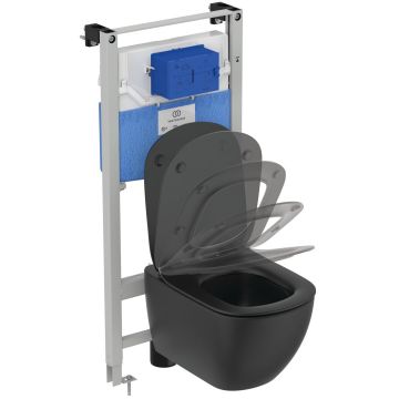 Set vas wc Ideal Standard Tesi Aquablade cu capac Slim inchidere lenta negru si rezervor incastrat cu cadru Prosys 120P la reducere