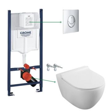 Set vas wc rimless cu capac soft close Fluminia Minerva, rezervor incastrat si clapeta crom Skate Air Grohe