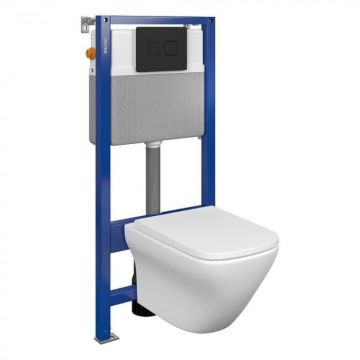 Set vas wc suspendat Larga Square CleanOn cu capac soft close, rezervor incastrat si clapeta pneumatica negru mat