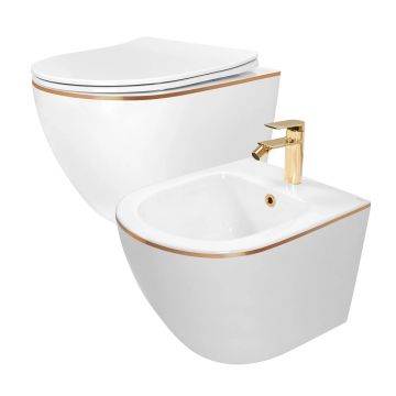 Set vas WC suspendat Rea Carlo alb - auriu cu capac softclose si bideu alb