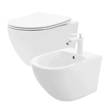 Set vas WC suspendat Rea Carlo Mini cu capac softclose si bideu alb