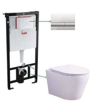 Set vas wc suspendat rimless cu capac soft close Oslo, rezervor incastrat si clapeta crom lucios mat Alcaplast
