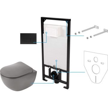 Set vas wc antracit cu capac soft close, rezervor incastrat, clapeta de actionare si izolare fonica Deante Poenia