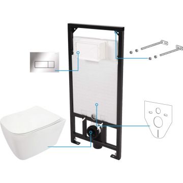 Set vas wc cu capac soft close, rezervor incastrat, clapeta de actionare crom si izolare fonica Deante Hiacynt