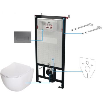Set vas wc rimless alb cu capac soft close, rezervor incastrat, clapeta de actionare titan si izolare fonica Deante Peonia