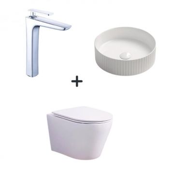 Set vas wc rimless cu capac soft close, lavoar baie rotund alb si baterie chiuveta Foglia