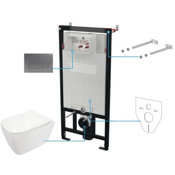 Set vas wc rimless cu capac soft close, rezervor incastrat, clapeta de actionare titan si izolare fonica Deante Hiacynt New