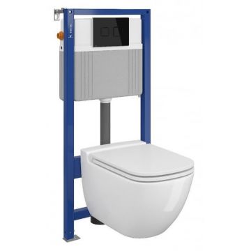 Set vas wc suspendat Caspia cu capac soft close, rezervor incastrat pneumatic Aqua 52 si clapeta sticla neagra