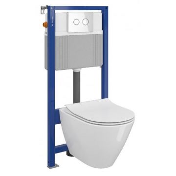 Set vas wc suspendat City cu capac soft close, rezervor incastrat pneumatic Aqua 52 si clapeta sticla alba