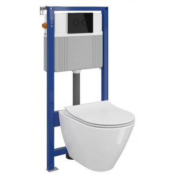 Set vas wc suspendat City cu capac soft close, rezervor incastrat pneumatic Aqua 52 si clapeta sticla neagra
