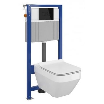Set vas wc suspendat Crea cu capac soft close, rezervor incastrat pneumatic Aqua 52 si clapeta sticla neagra