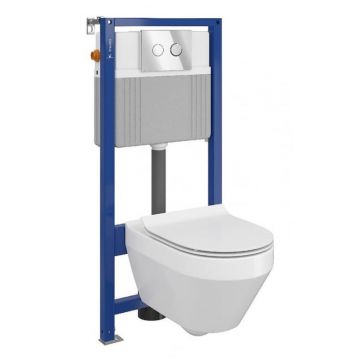 Set vas wc suspendat Crea oval cu capac soft close, rezervor incastrat pneumatic Aqua 52 si clapeta crom lucios