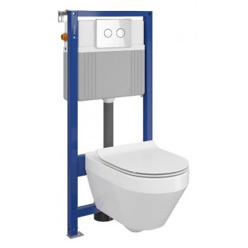 Set vas wc suspendat Crea oval cu capac soft close, rezervor incastrat pneumatic Aqua 52 si clapeta sticla alba