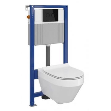 Set vas wc suspendat Crea oval cu capac soft close, rezervor incastrat pneumatic Aqua 52 si clapeta sticla neagra