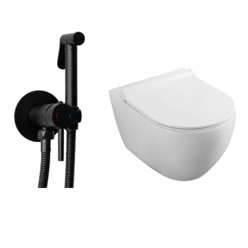 Set vas wc suspendat Fluminia Minerva Alb cu Dus igienic Rea Loop Negru Mat